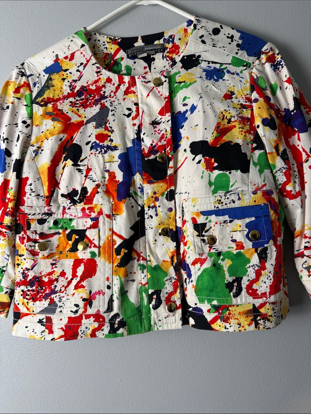 Muse White Cropped Blazer with Multicolor Paint-Splash Print - Picture 2 of 10